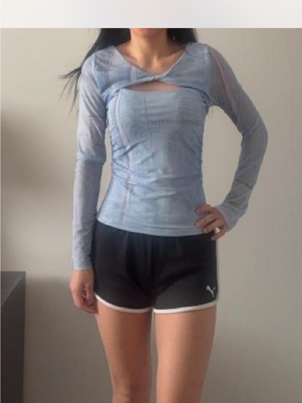 Light Blue Long-Sleeve Twisted Front Mesh Women's Printed Denim Patterned Top